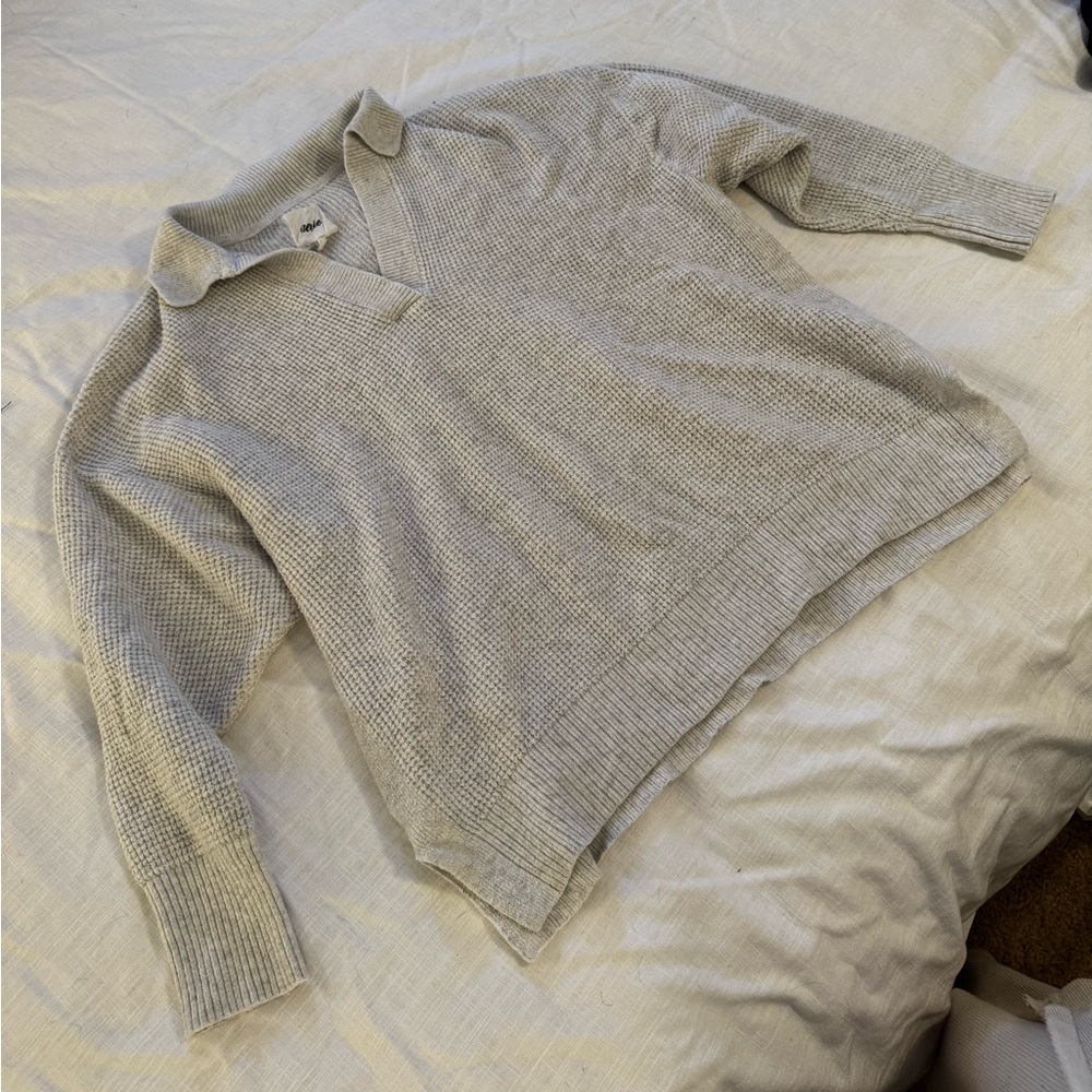 Aerie Light Gray Collared V-Neck Waffle Knit